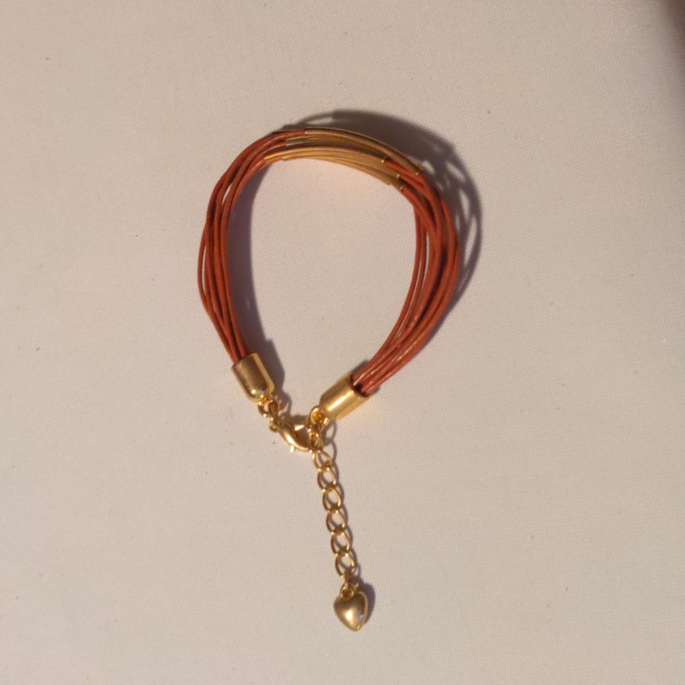 Wanderlust Tan Leather Cord Gold Tone Tube Bead Bracelet With Extender